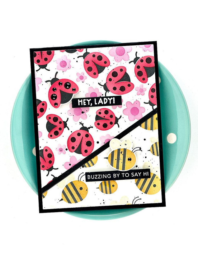 Handmade greeting card with lady bugs on half of it and bumble bees on the other half with hey, lady sentiment on the top and buzzing by to say hi sentiment on the bottom.