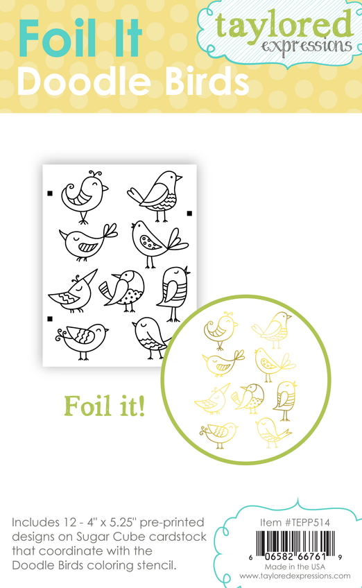 Graphic of packaging of doodle birds foil it for paper crafting.