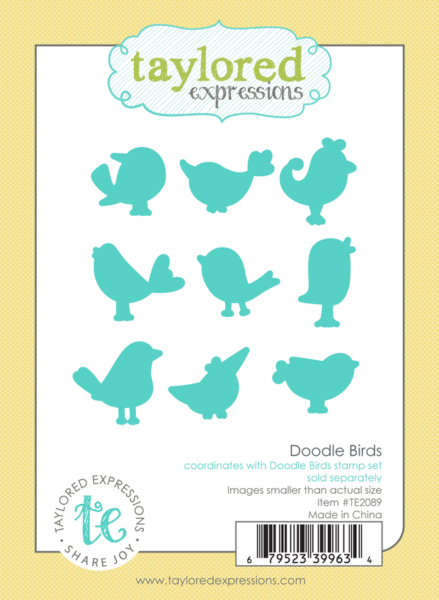 Graphic of packaging of nine doodle birds steel die set for paper crafting.