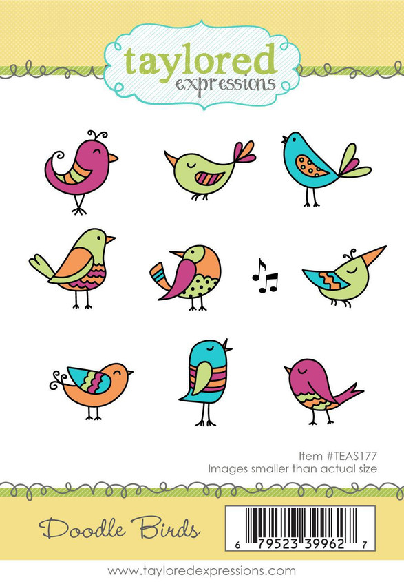 Graphic of packaging of nine doodle birds rubber stamp set for paper crafting.