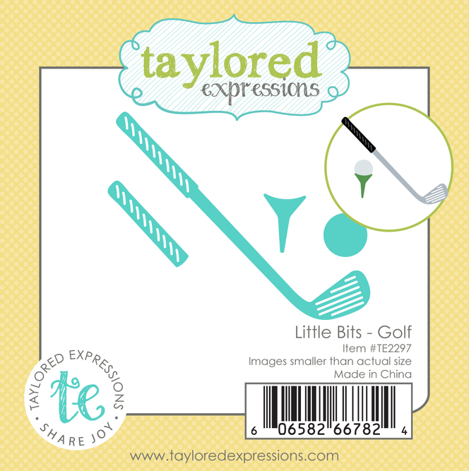 A graphic of packaging of a golf club, golf handle, tee, and golfball steel die.