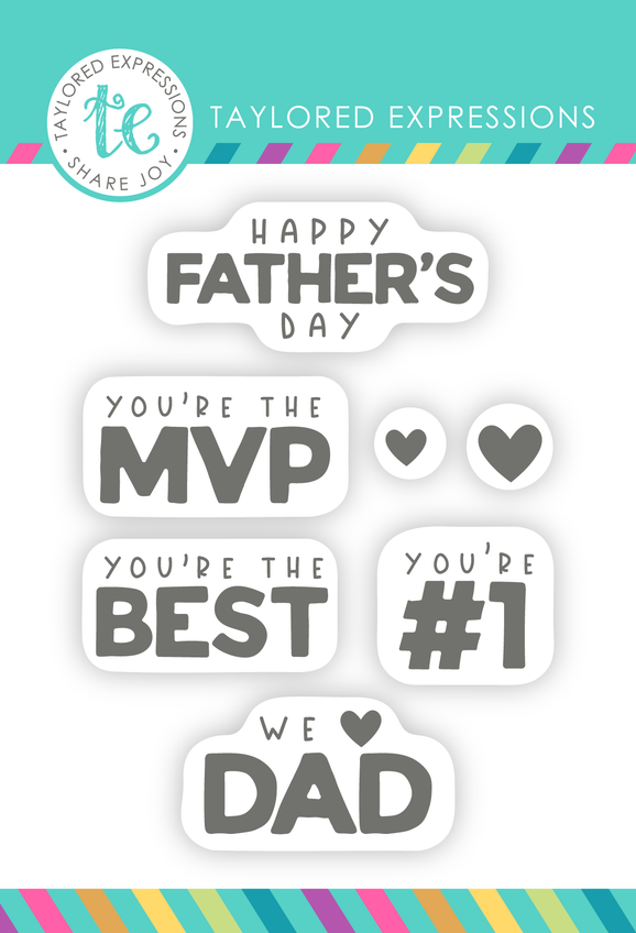 Perfect pennant clear stamp set with sentiments saying happy father's day, you're the mvp, you're the best, you're #1, we love dad, and heart shapes.