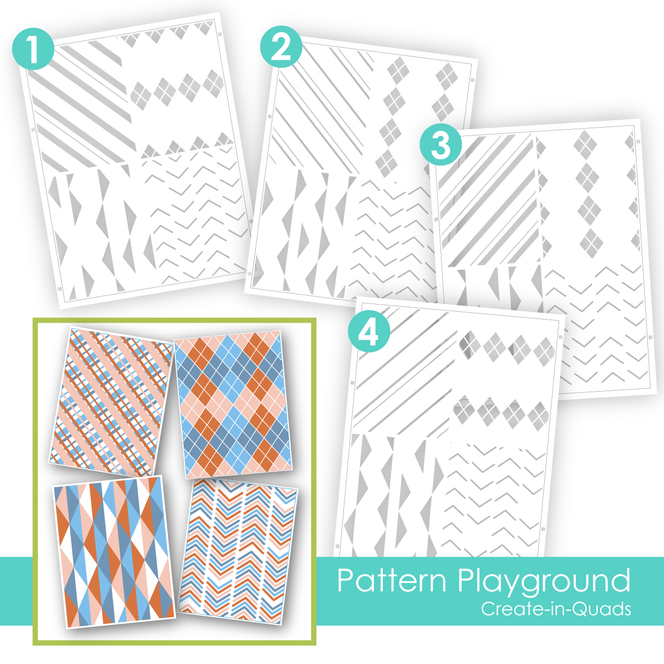 Four different patterned layering stencils called create-in-quads.