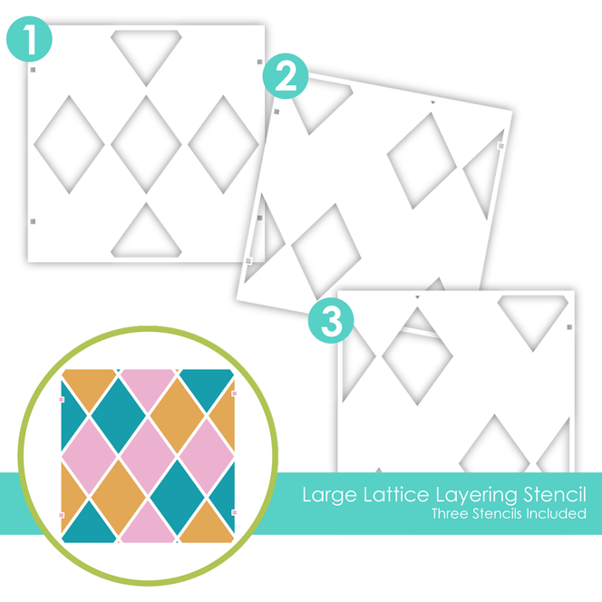 Graphic of packaging of three diamond layering stencils.