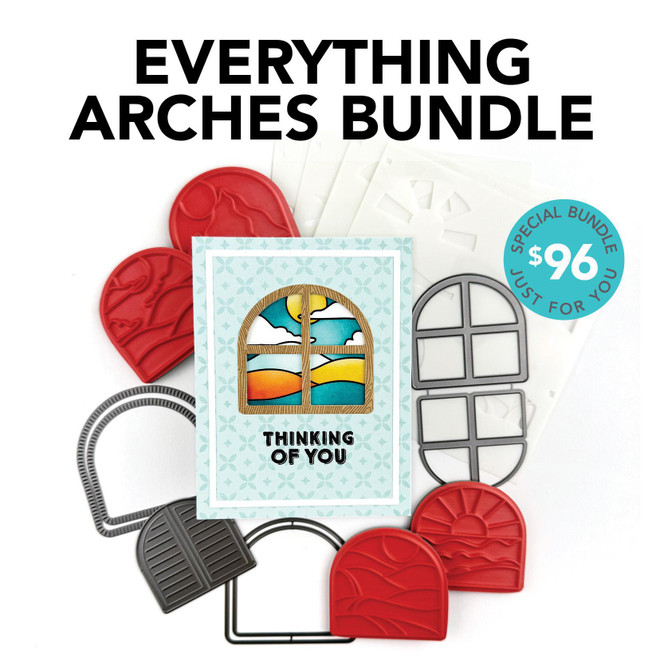 $96 bundle including arch shaped red rubber stamps, steel dies, and layer stencil used to create landscape themed handmade cards.