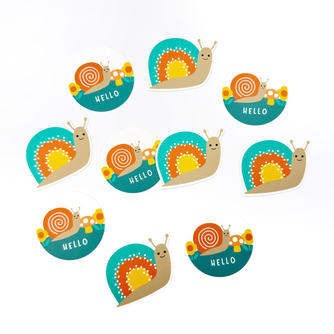 10 snail themed envelope seal stickers with some having hello sentiment on them.