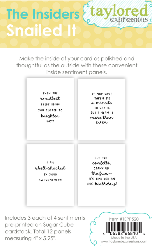 Graphic of packaging of 4 snail themed sentiments for inside panels for paper crafting cards.