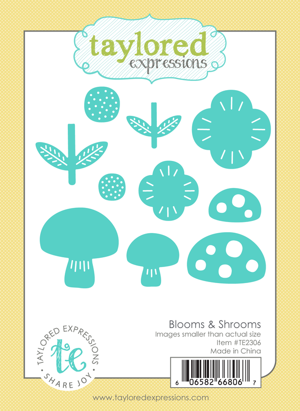 Graphic of packaging of 10 mushroom and flower steel dies for paper crafting.