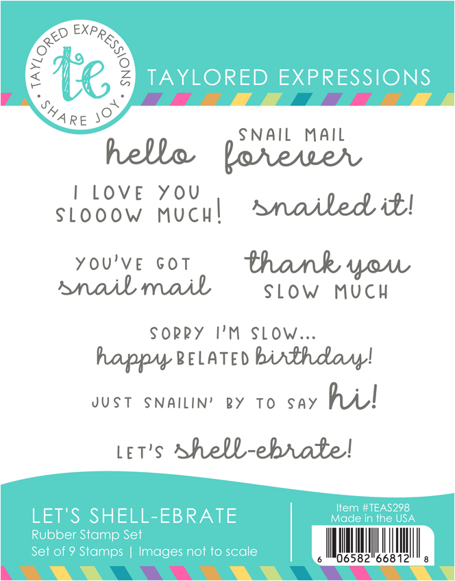 Graphic of packaging of 9 different snail themed sentiments for paper crafting.