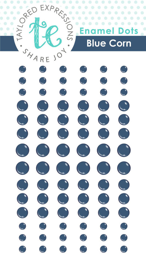 Packaging of a variety sized blue corn enamel dots used for paper crafting.