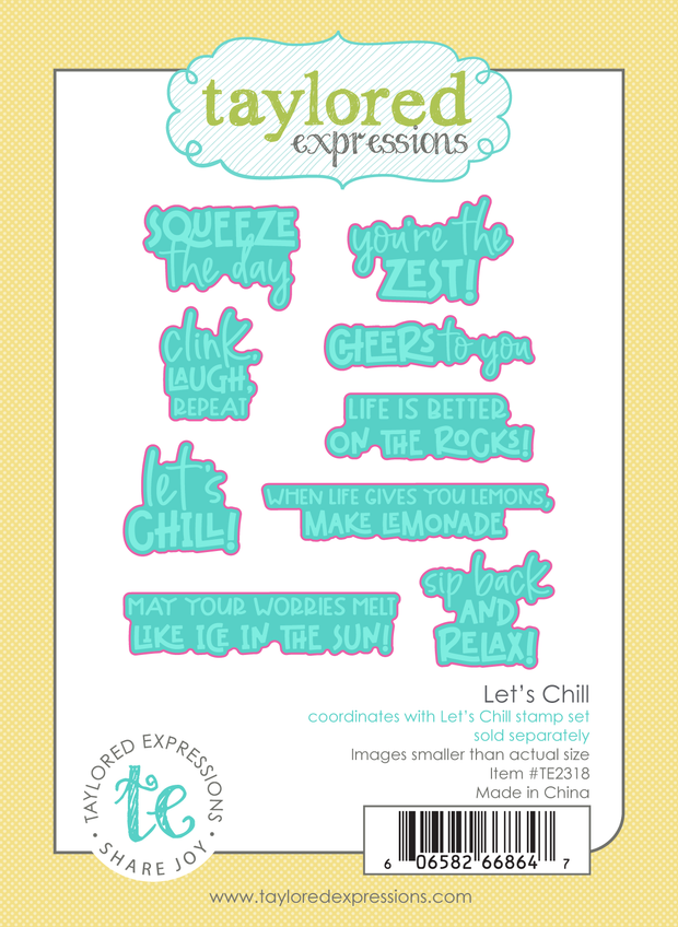Graphic of 9 summer-themed steel sentiment dies for paper crafting, featuring playful phrases and seasonal words.
