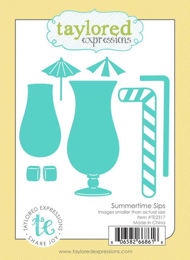 Graphic of steel die set including a cup, straws, ice cubes, and mini umbrella for paper crafting.