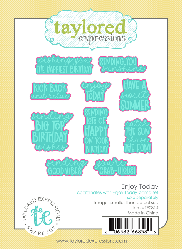 Graphic of 10 steel die sentiments with enjoying the day theme for paper crafting.
