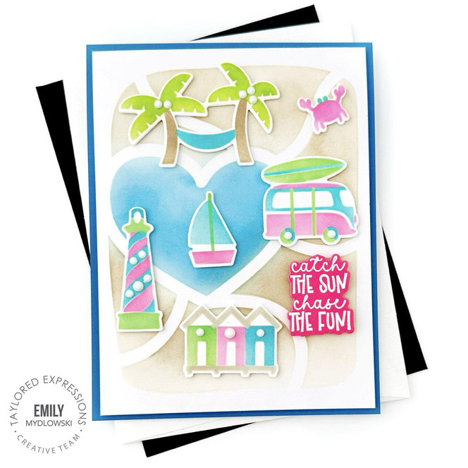 Handmade greeting card with beach theme including a crab and sailboat with catch the sun, chase the fun sentiment on it with cardstock in background.