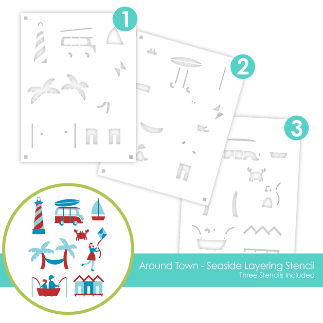 Graphic of three layering stencils with seaside ocean theme for paper crafting.