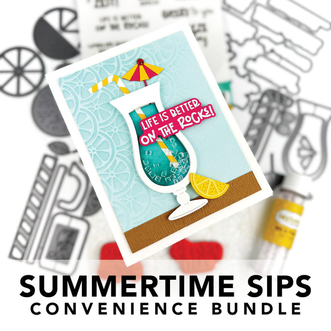 Graphic of Summertime Sips convenience bundle featuring steel dies, red rubber stamps, and embellishments for creating playful drink-themed designs in paper crafting.