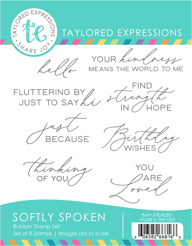 Graphic of an 8-piece red rubber stamp set featuring softly spoken sentiments for paper crafting