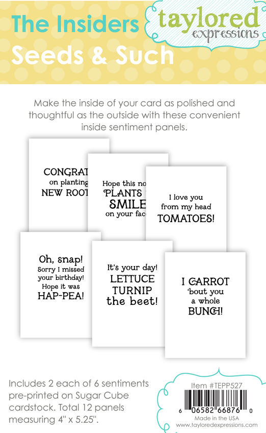 Graphic of 6 sentiments with different vegetable and gardening themes on it for paper crafting.