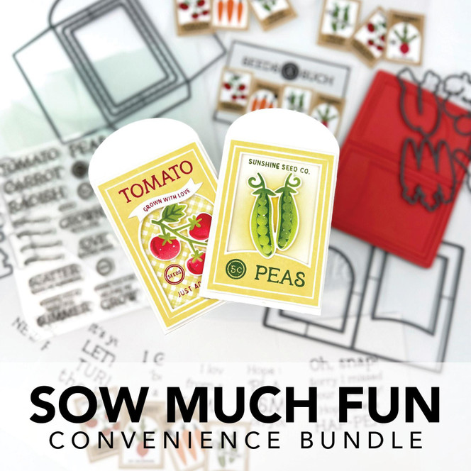 Graphic of Sow Much Fun garden themed cardmaking bundle that includes the seeds & such kit, envelope seals, and additional dies.
