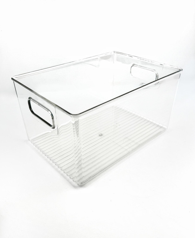 Large clear acrylic crate that measures 8 ⅛ in. wide, 11 ¼ in. deep, and 5 ⅞ in. tall, for papercrafting.