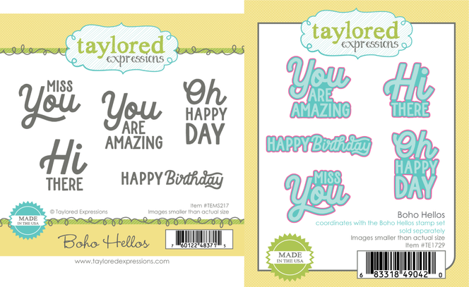 Two product images side by side—one showing the Boho Hellos red rubber stamp set with five cheerful sentiments in playful fonts, and the other displaying the coordinating Boho Hellos steel die set designed to cut out each sentiment.