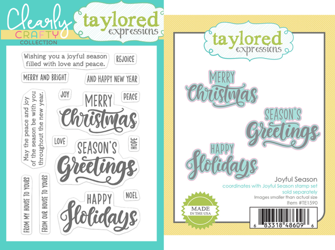 Two images showing the Joyful Season set—one with clear stamps featuring holiday sentiments, and the other with coordinating dies to add dimension to the greetings.