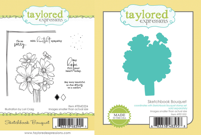 Two images—one showcasing the Sketchbook Bouquet stamp set with a detailed wildflower illustration and sentiments, and the other displaying the coordinating steel die designed to cut out the floral bouquet.