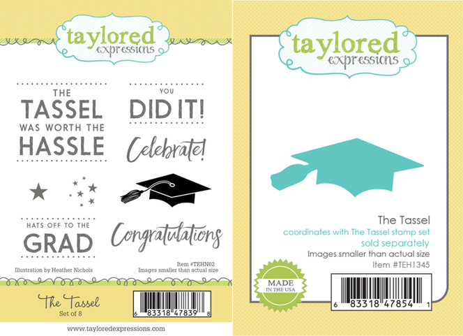 raphic featuring two images—The Tassel stamp set with celebratory graduation sentiments on the left, and the coordinating die set on the right for adding dimensional flair to your grad-themed creations.