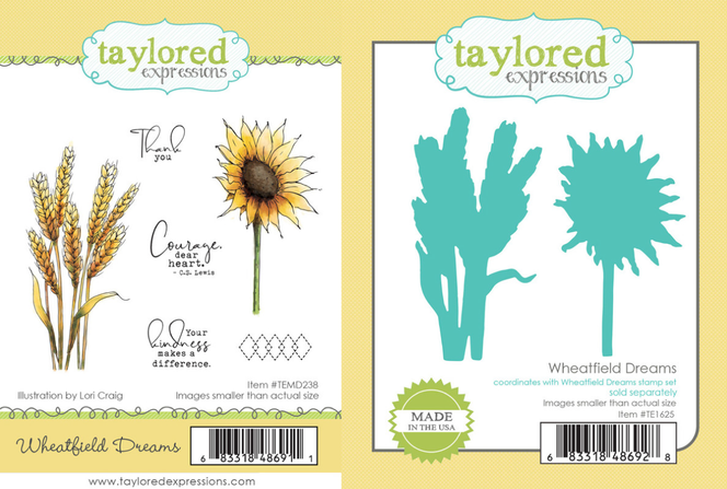 Graphic featuring the Wheatfield Dreams stamp set on the left with detailed illustrations of wheat, sunflowers, and sentiments, and the coordinating die set on the right for crafting dimensional, nature-inspired designs.