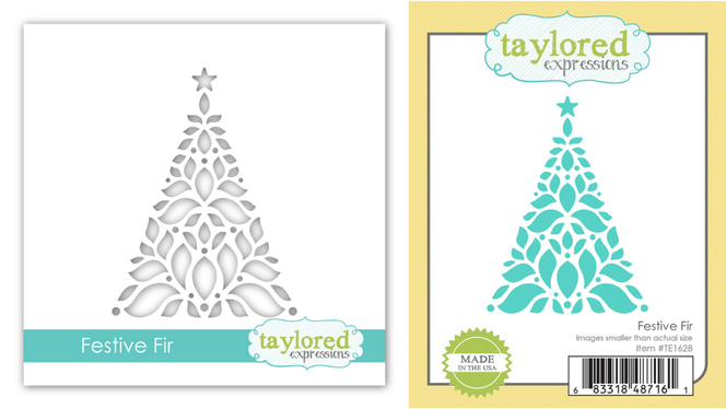 Image showing the Festive Fir holiday tree stencil alongside its matching steel die set, designed for creating elegant, flower-patterned Christmas trees.