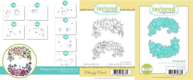 Three product graphics featuring the Fittingly Floral layering stencil, coordinating stamp set with floral swags, and matching steel die for effortless crafting.
