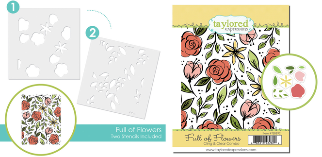Two product images featuring the Full of Flowers layering stencil and the coordinating cling and clear stamp combo with hand-drawn florals and accents.
