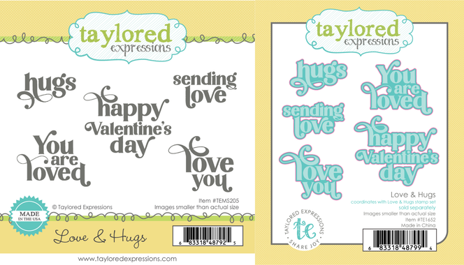 Two product images showing the Love & Hugs stamp set with typewriter-style sentiments and the coordinating dies designed to cut out each phrase.