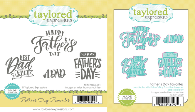Graphic showing two product images side by side—on the left, the Father’s Day Favorites stamp set with bold scripted sentiments, and on the right, the coordinating die set for cutting out each phrase