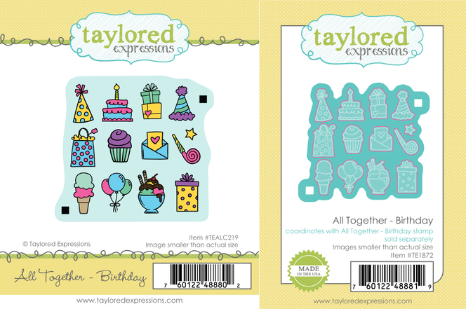 Two product images showing the All Together – Birthday stamp with 12 festive icons, and the coordinating die set for cutting out each birthday-themed shape.