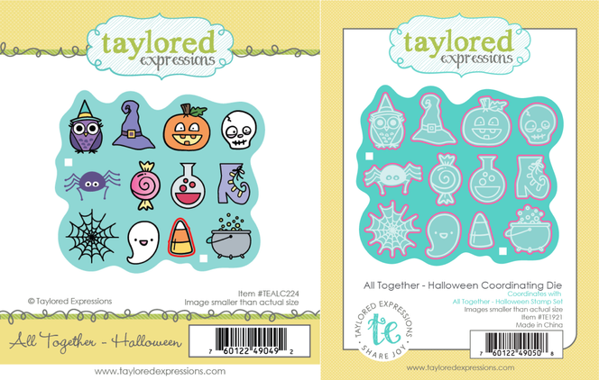Two product images showing the All Together – Halloween stamp with 12 spooky icons like pumpkins and ghosts, and the coordinating die set for cutting out each Halloween shape.