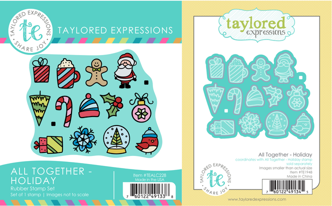 Two product images showing the All Together – Holiday stamp set with 13 festive seasonal icons, and the coordinating die set for cutting out each holiday-themed shape.