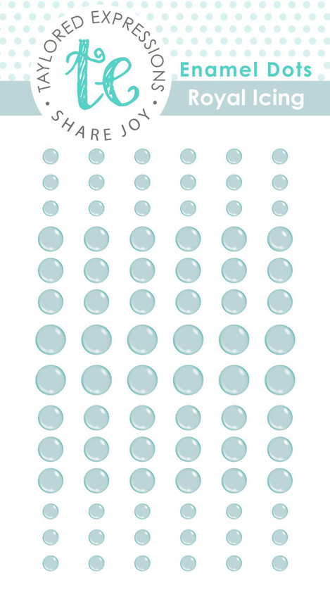 Graphic of packaging of Royal Icing colored enamel dots of various sizes.