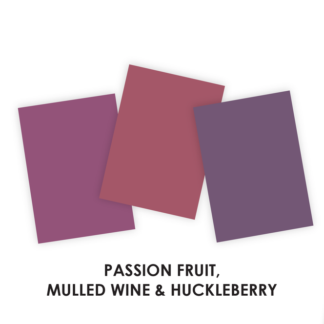 Graphic comparing three cardstock colors, passion fruit, mulled wine, and huckleberry, in which all are purple colors.
