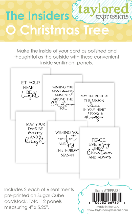 Graphic of 6 different sentiments on insider panels for paper crafting that are called O Christmas Tree.