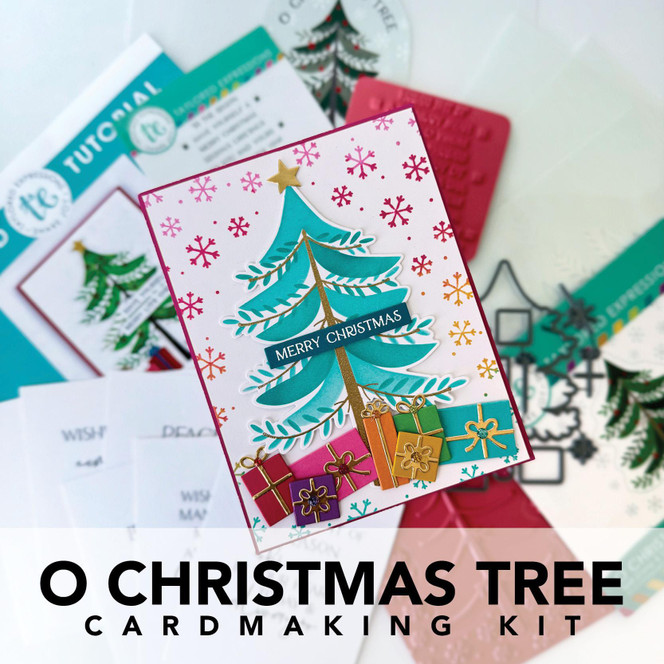 Graphic of O Christmas Tree Cardmaking kit that includes stencil, stamps, and steel die for paper crafting.