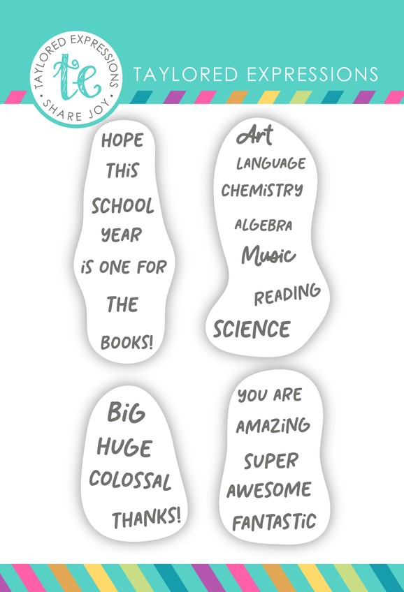 Graphic of 4 clear stamps with school sentiments on it for paper crafting.