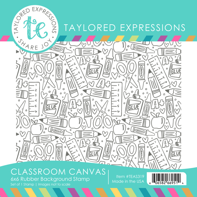 Graphic of classroom canvas 6x6 rubber background stamp with classroom supplies on it for papercrafting.