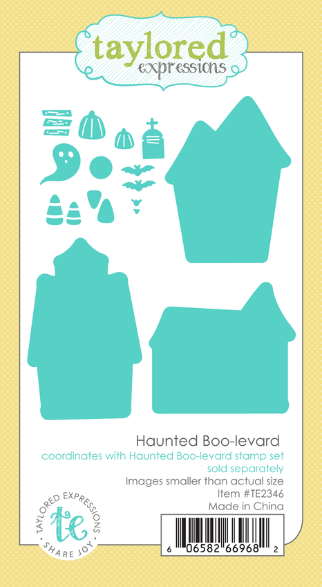 Graphic of Haunted Boo-levard steel dies which include three houses, candy corn, pumpkins, bats, and ghosts.