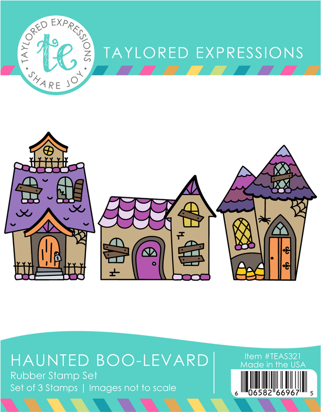 Graphic of Haunted Boo-levard red rubber stamp set that creates three haunted houses for papercrafting.