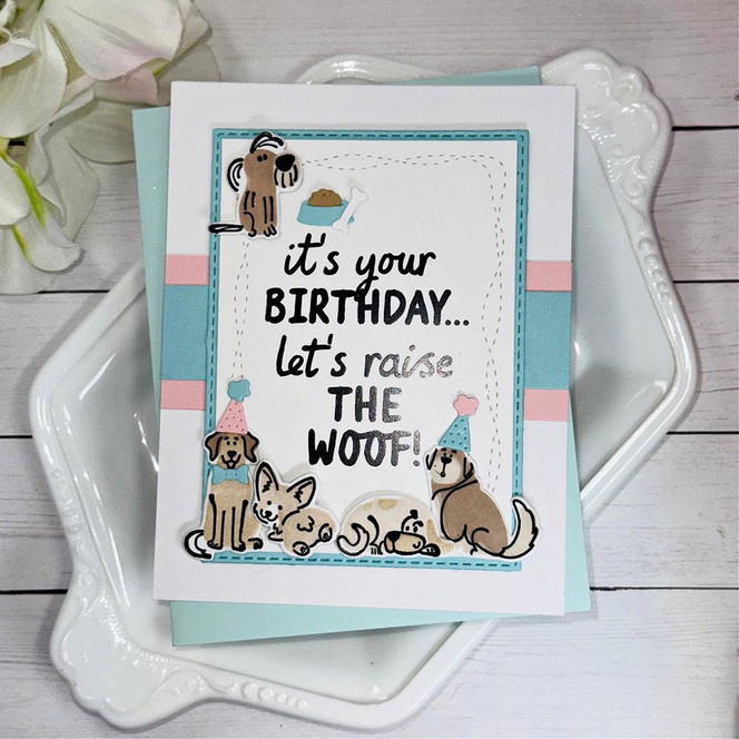 Handmade greeting card with dogs on it and it's your birthday... let's raise the woof sentiment on it.