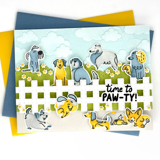 Handmade greeting card of dogs playing on it and it's time to paw-ty sentiment on it.