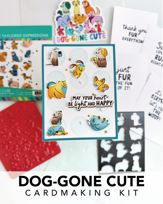 Graphic of Dog-gone Cute Cardmaking kit that includes a stamp, steel die, and insiders for papercrafting.