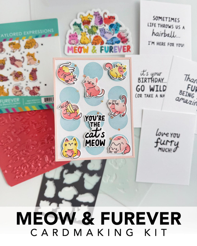 Graphic of Meow and Furever Cardmaking Kit including a stamp, steel die, and insiders in it for cardmaking.
