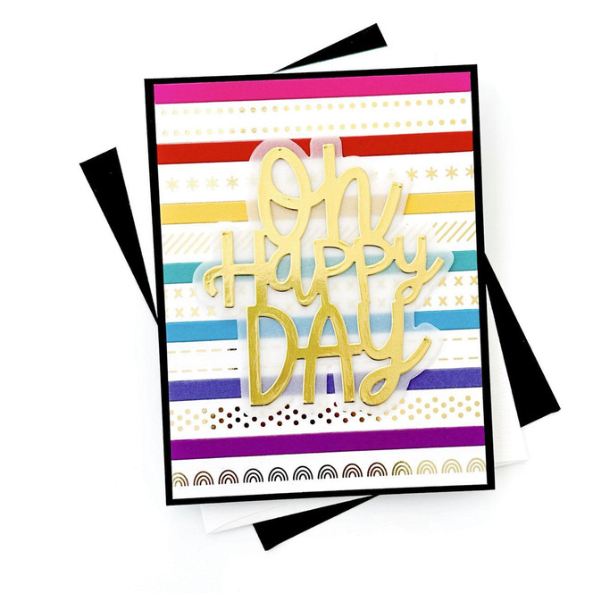 Handmade greeting card with rainbow strips on it and oh happy day sentiment on it.